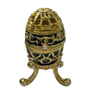 Vintage Collette Art Cie Collection Heavy Gold & Green Enamel Egg Music Box